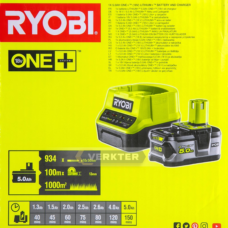 Batteri Ryobi RC18120-150; 18 V; 5,0 Ah batteri + lader RC18120 ONE+
