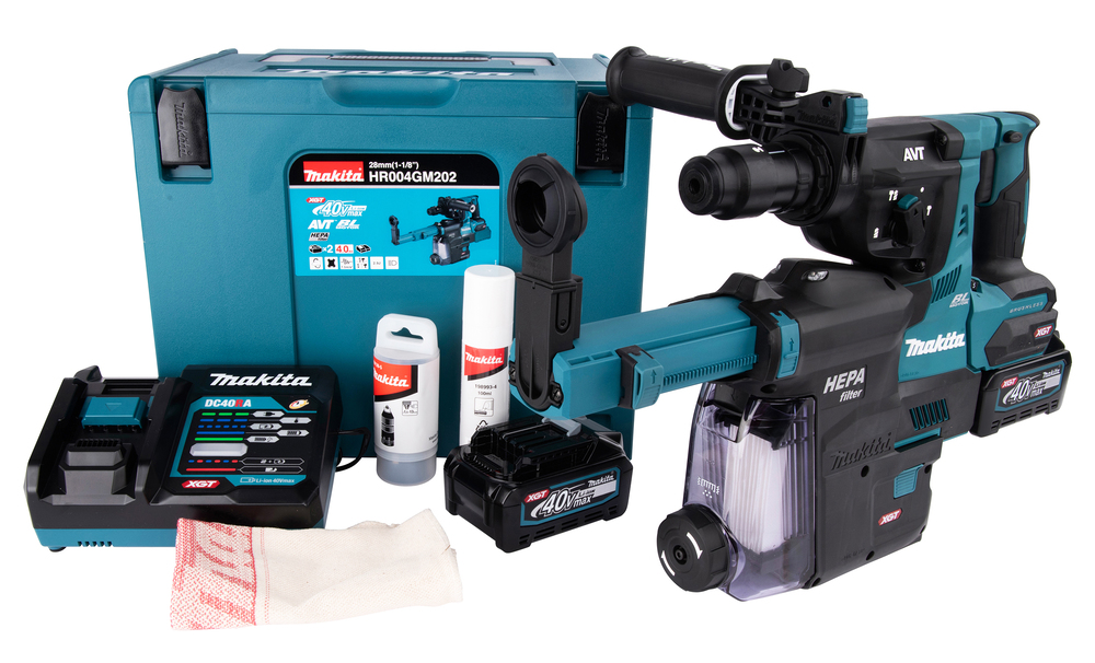 Borhammer Makita HR004GM202; 2,9 J; SDS-plus; 40 V; 2x4,0 Ah batteri. + støvsugingssystem