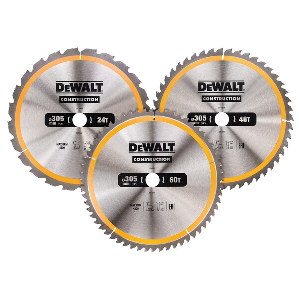 Sagblad for tre DeWalt DT1964-QZ; 24T; 48T; 60T; 305 mm; 3 stk