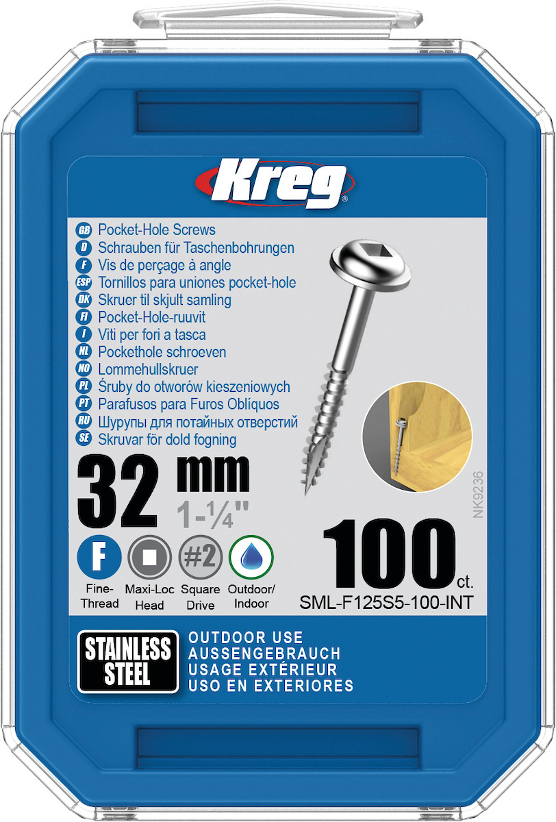 Treskru Kreg SML-F125S5; Maxi-Loc; 1,25''; 32 mm; 100 stk. rustfritt stål; fin tråd