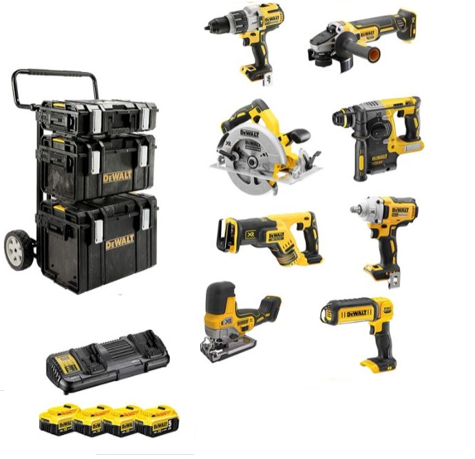 Verktøysett DeWalt DCK856P4 (DCD996+DCF894+DCH273+DCG405+DCS367+DCS335+DCS570+DCL050); 18 V; 4x5,0 Ah batt.