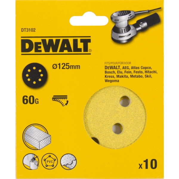Sandpapir for farge DeWalt DT3102-Q; K60; 125 mm; 10 stk
