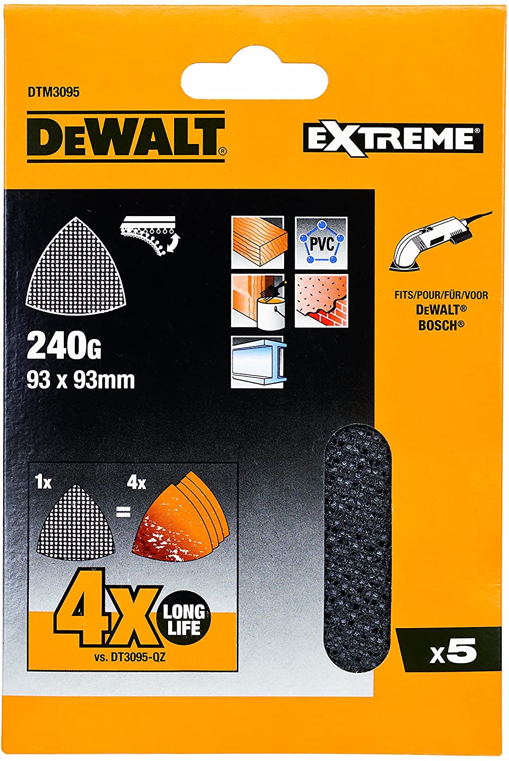 Sandpapir til deltaslipere DeWalt DTM3095-QZ; 93x93 mm; P240; 5 stk