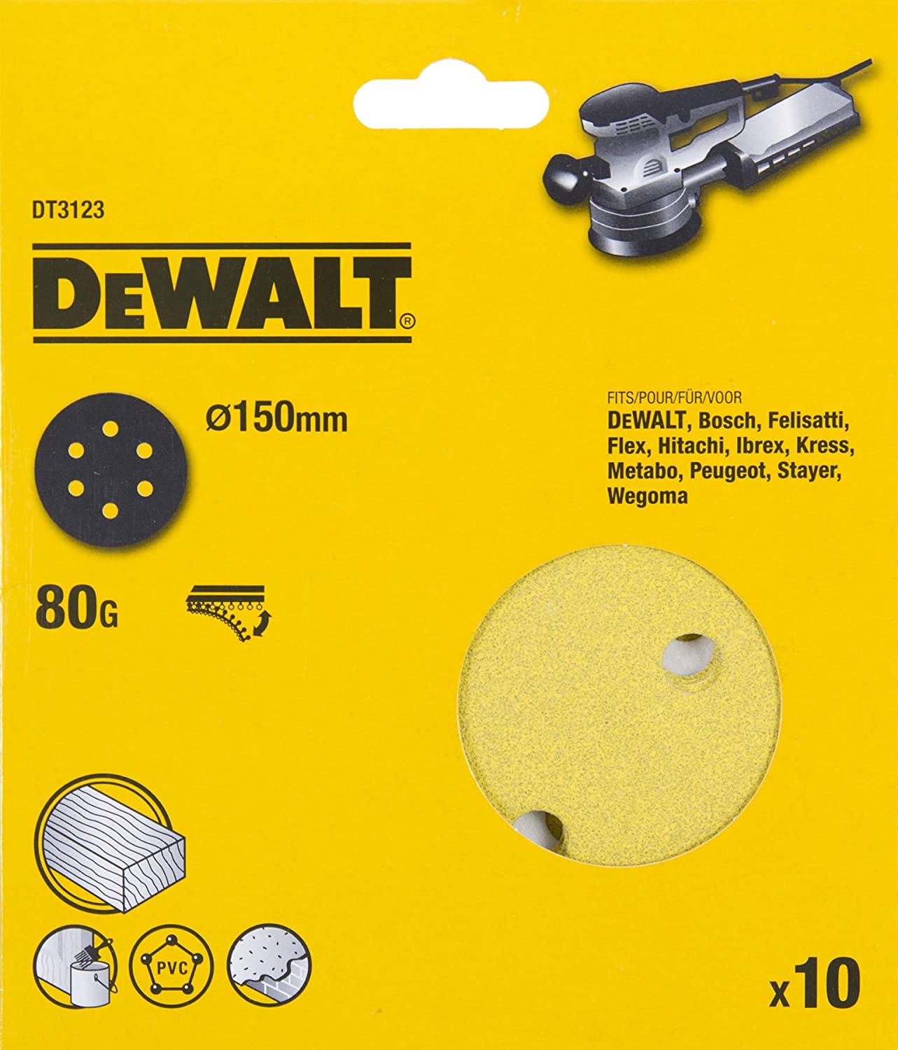 Sandpapir for eksenterslipere DeWalt DT3123-QZ; 150 mm; P80; 10 stk