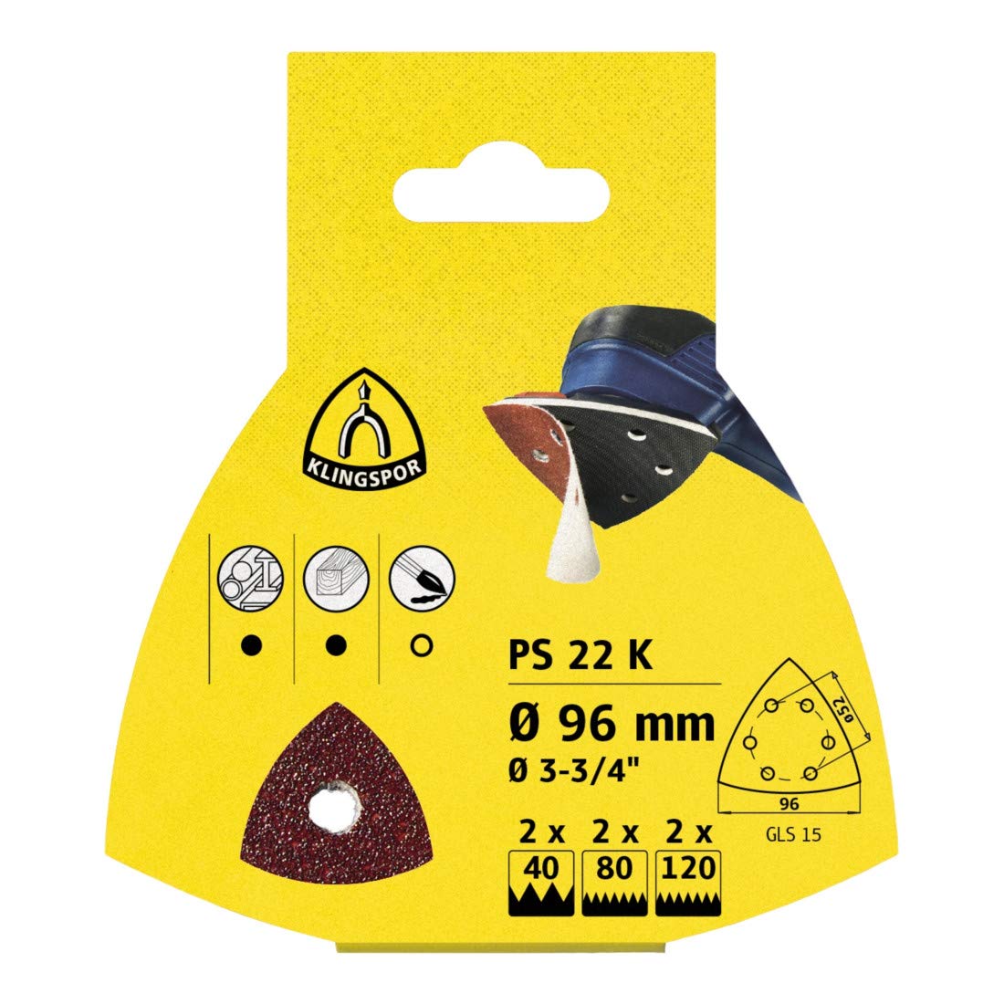 Sandpapirsett til deltaslipere Klingspor; PS 22 K; GLS 15; 96 mm; K40/80/120; 6 stk