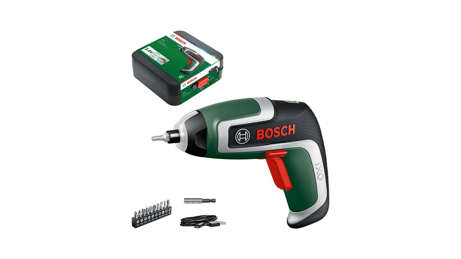 Batteridrevet skrutrekker Bosch IXO 7; 3,6 V; 1x2,0 Ah batteri.; med 11 tilbehør