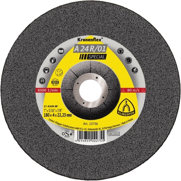 Slipeskive Klingspor A 24 R/01 Special; 180x4x22,23 mm; 10 stk