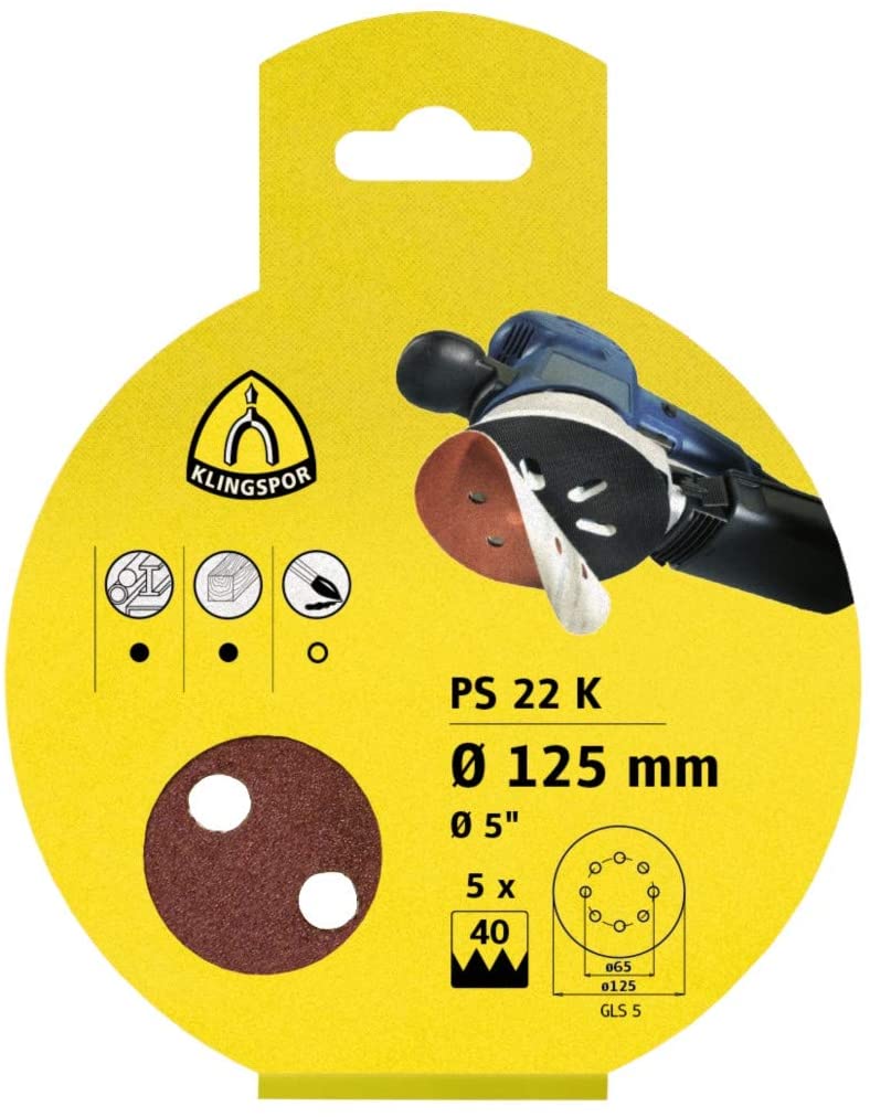 Sandpapir for eksenterslipere Klingspor; PS 22 K; GLS 5; 125 mm; K40/80/120; 5 stk