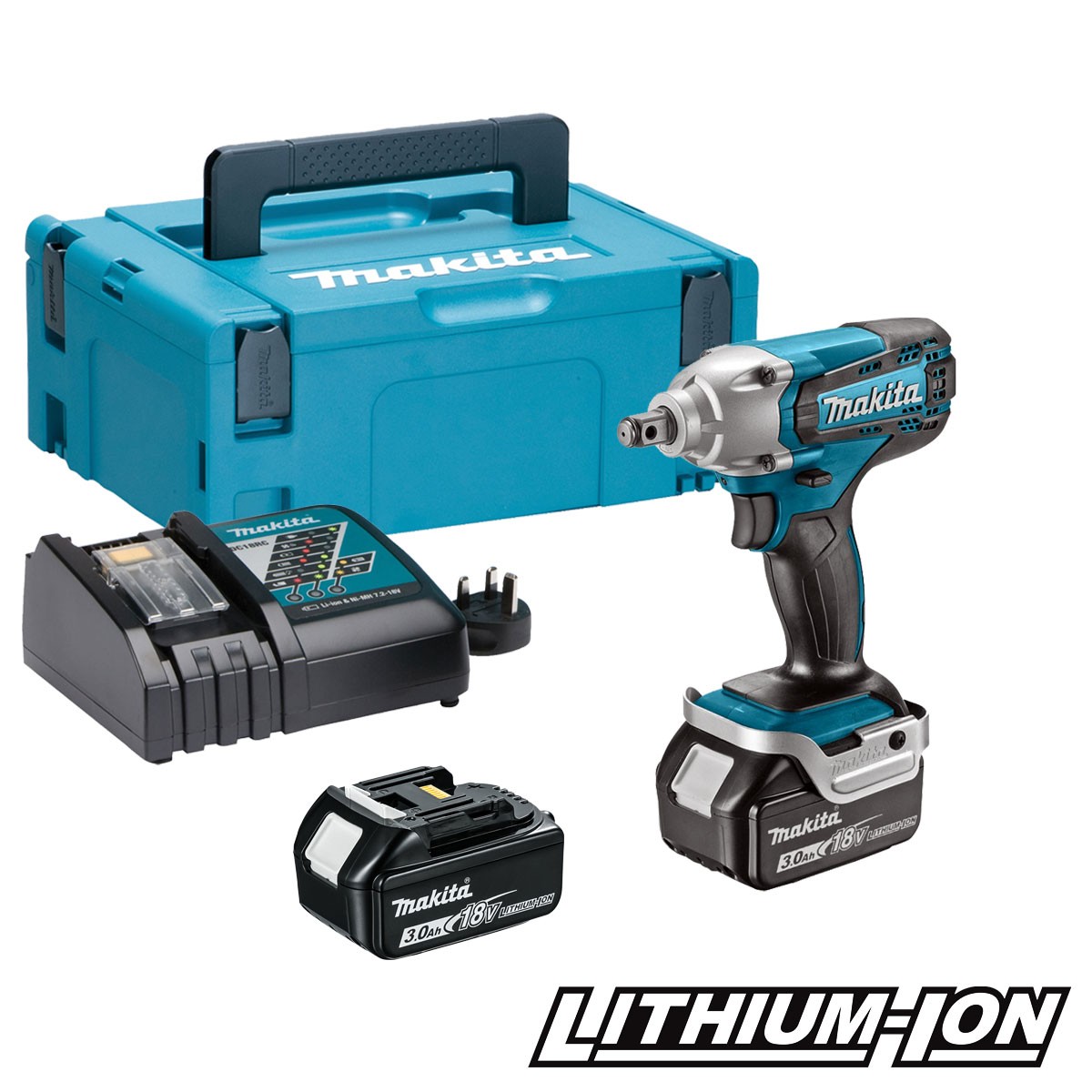 Slagmuttertrekker Makita DTW190RFJ; 18 V; 2x3,0 Ah batt.