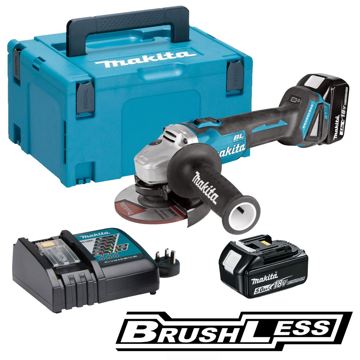 Vinkelsliper Makita DGA506RTJ; 18 V; 2x5,0 Ah batt.