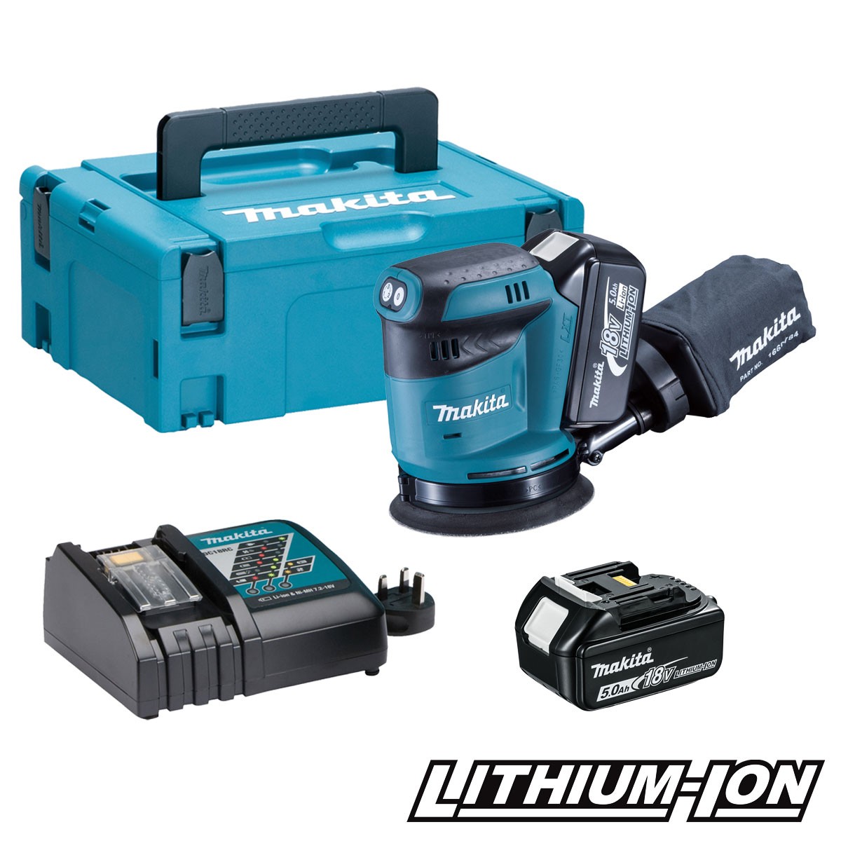 Eksentersliper Makita DBO180RTJ; 18 V; 2x5,0 Ah batteridrevet