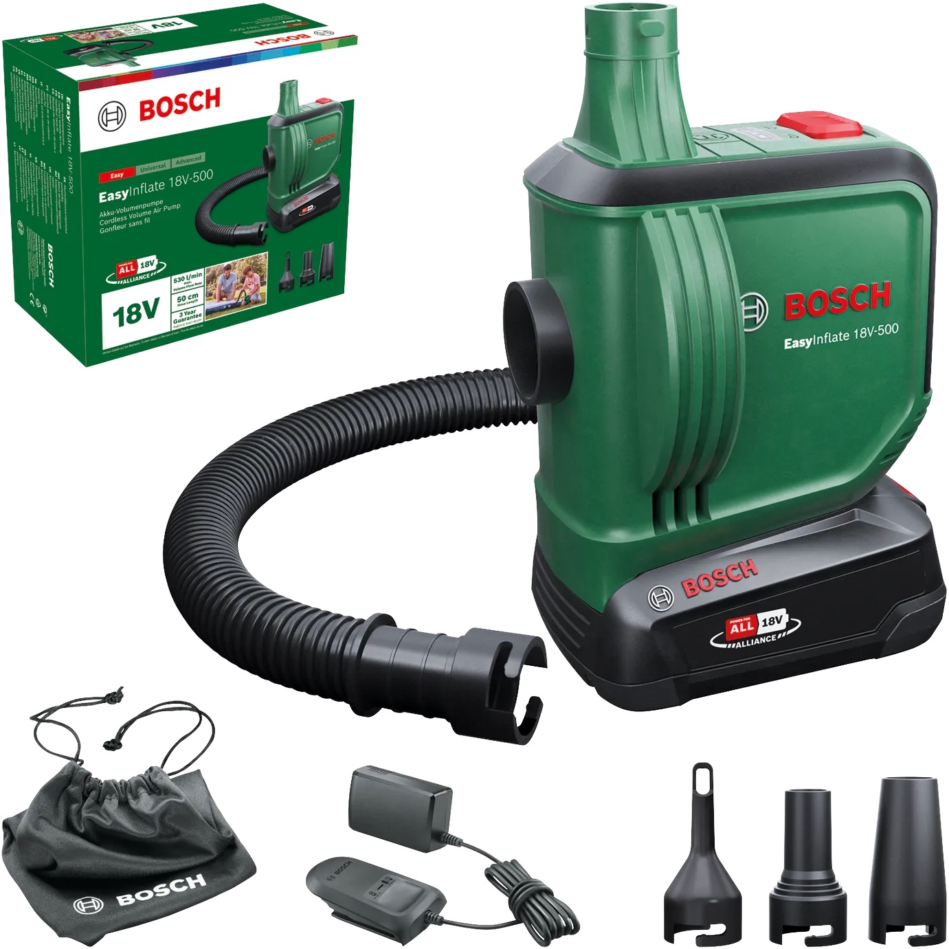 Trådløs luftpumpe Bosch EasyInflate 18V-500; 18 V; 1x2,0 Ah batt.