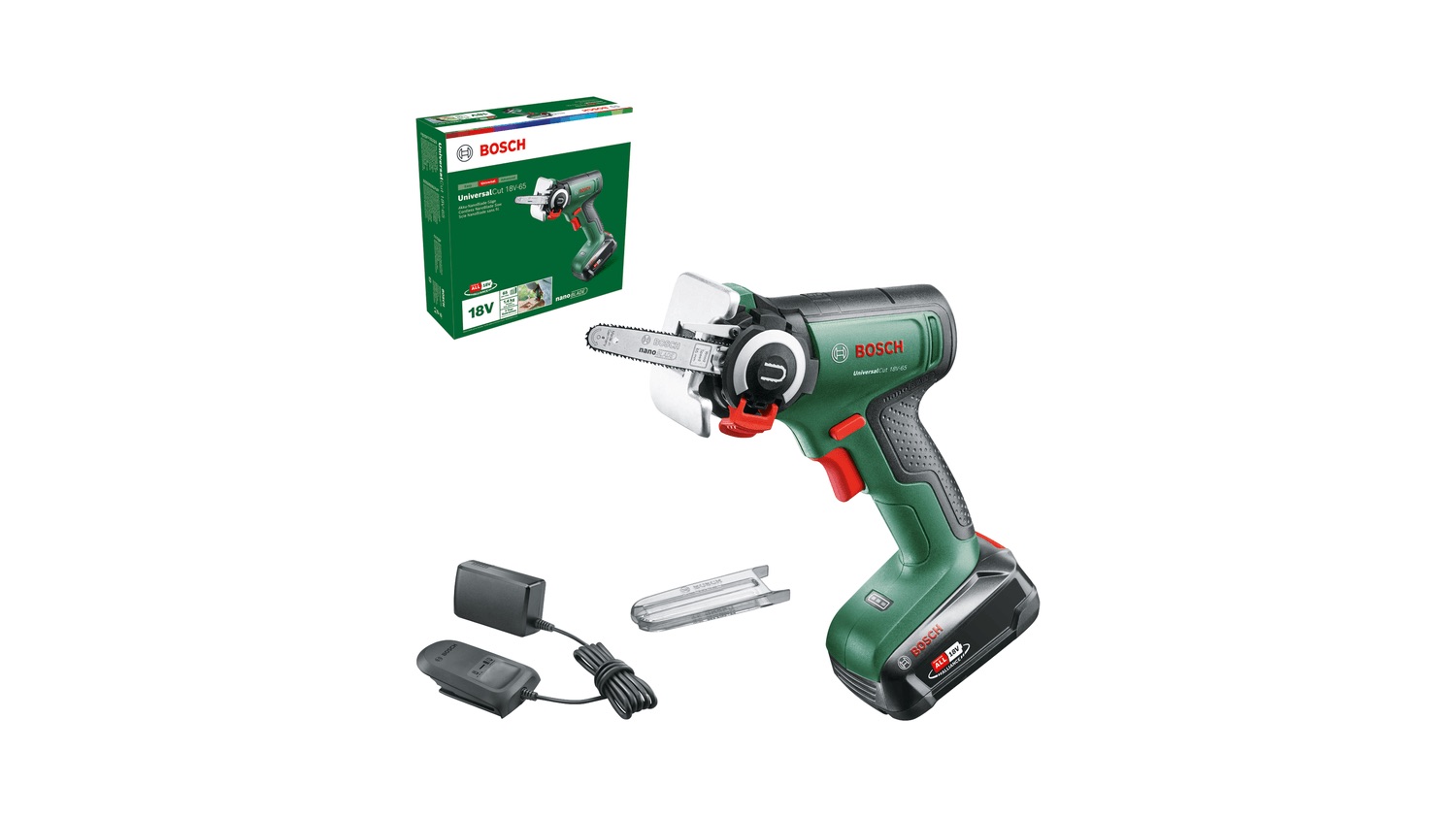 Motorsag for beskjæring av grener Bosch Universal Cut 18V-65; 18 V; 1x2,5 Ah batteri.; 6,5 cm sverd