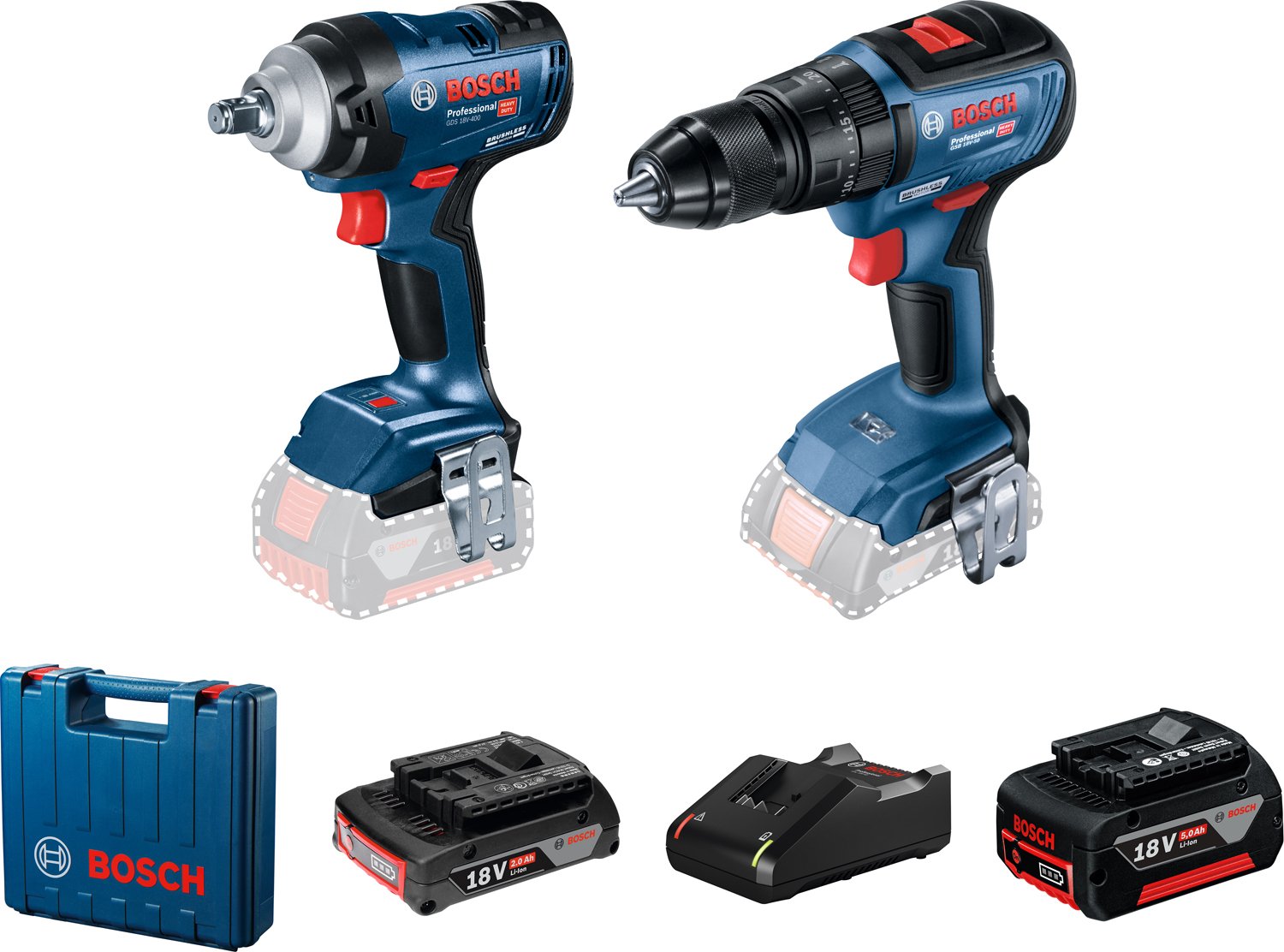Verktøysett Bosch 06019K0003 (GDS 18V-400 + GSB 18V-50); 18 V; 1x2,0/5,0 Ah batt.