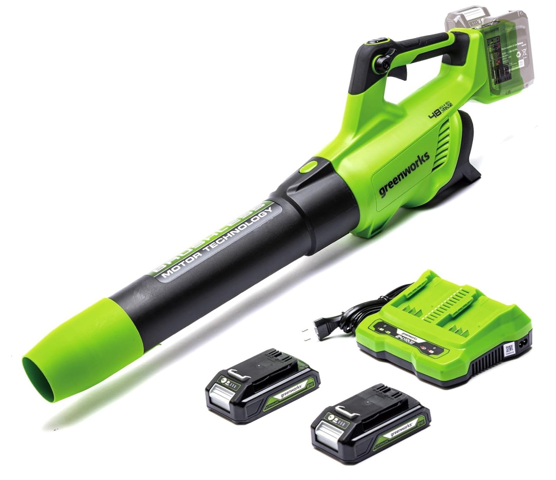 Batteridrevet løvblåser Greenworks GD24X2ABK2X; 48 V; 2x2,0 Ah batt.