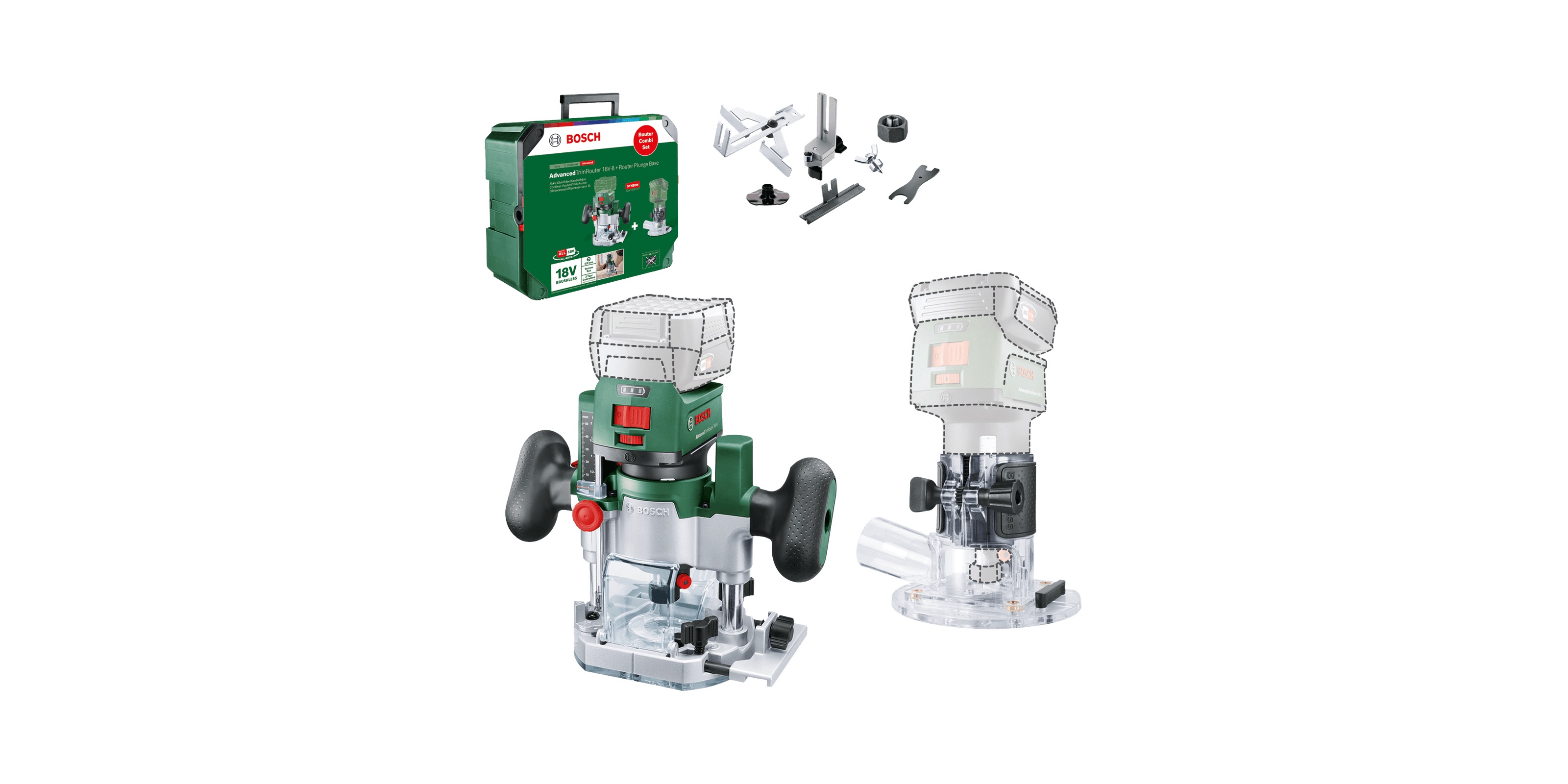 Batteridrevet kantfres Bosch AdvancedTrimRouter 18V-8; 18 V (Uten batteri og lader) + tilbehør
