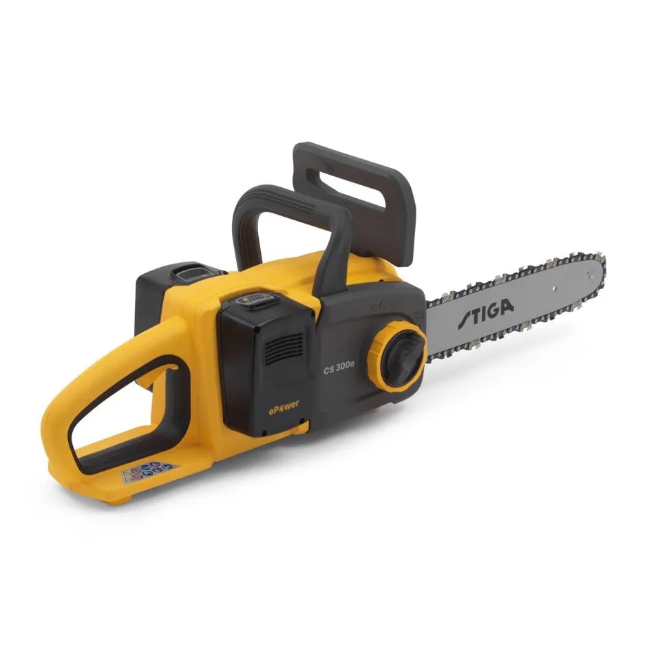 Motorsag Stiga CS 300e Kit; 2x20 V; 30 cm; 2x4,0 Ah batt.; med veggholder