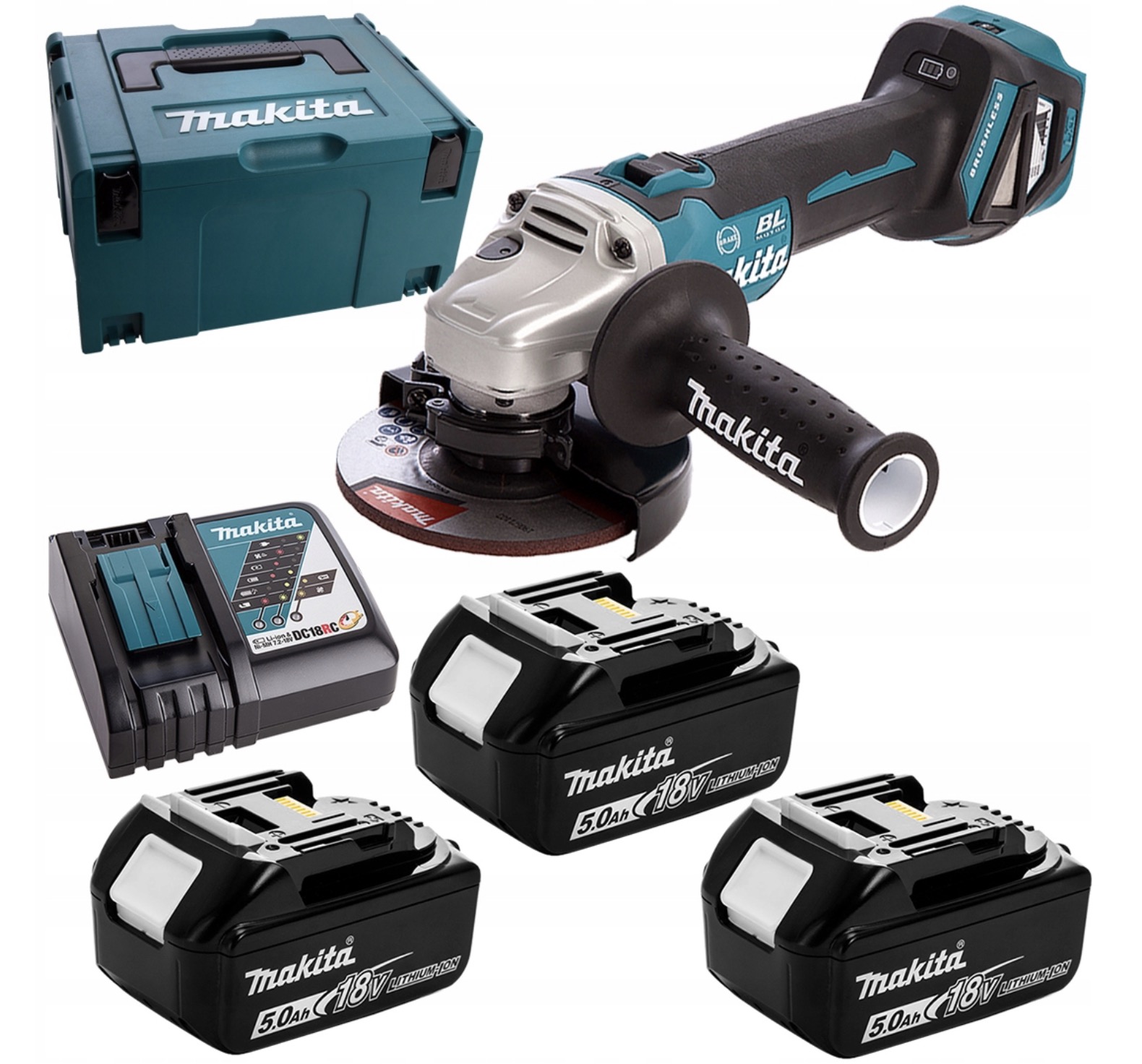 Vinkelsliper Makita DGA513RT3J; 18 V; 3x5,0 Ah batt.