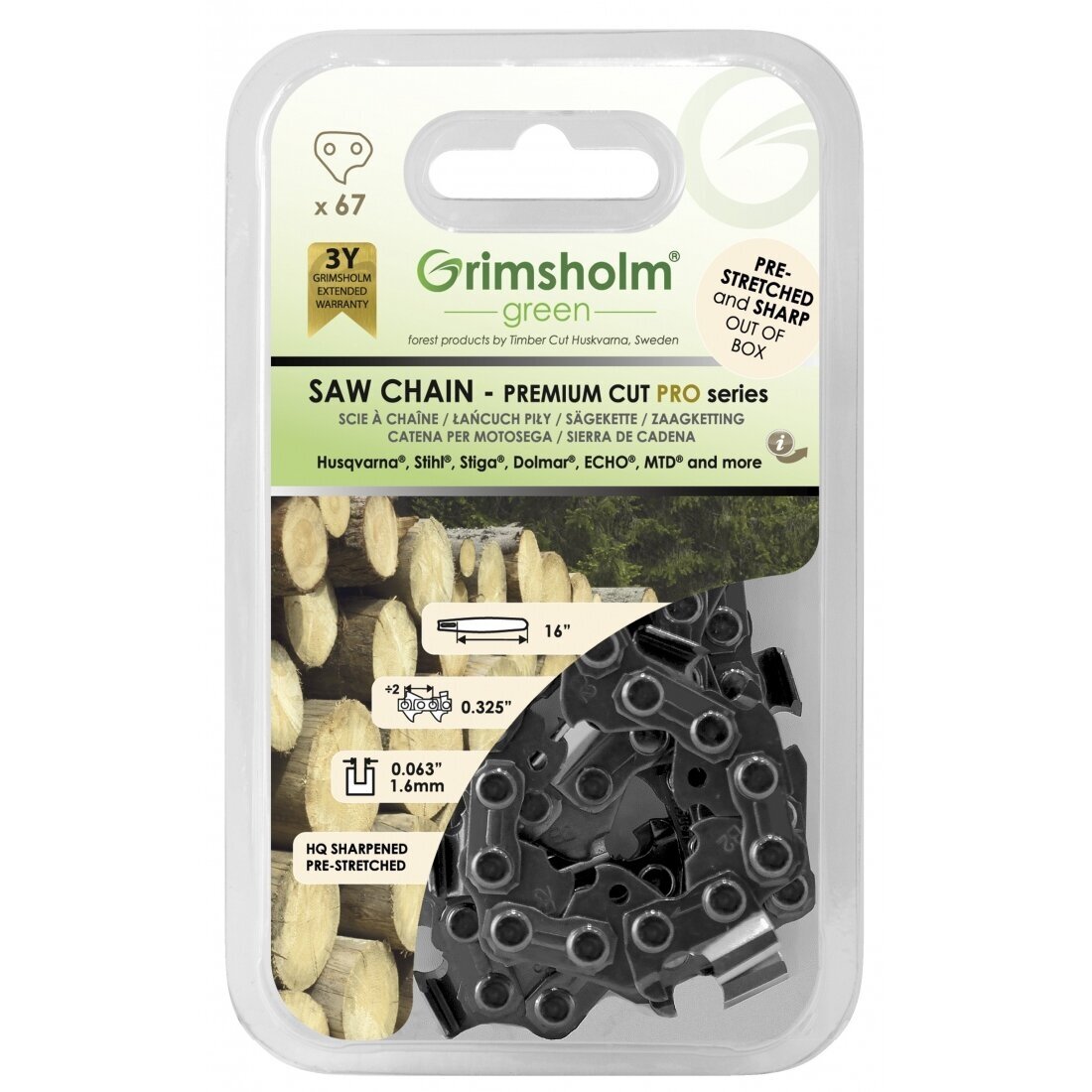 Sagkjede Grimsholm Premium Cut Pro; 16''; 40 cm; .325''; 67; 1,6 mm