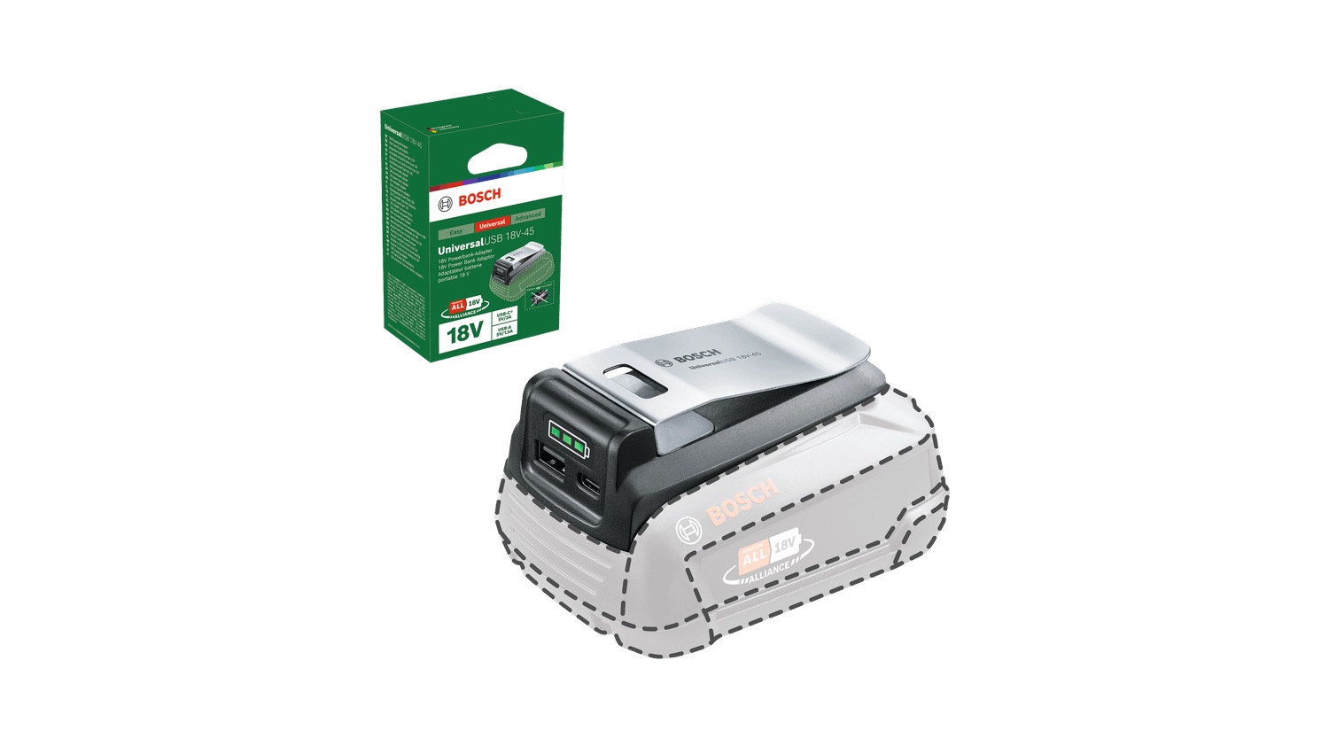 Batteriadapter Bosch UniversalUSB 18V-45 -> USB (x2) For lading av telefonbatterier