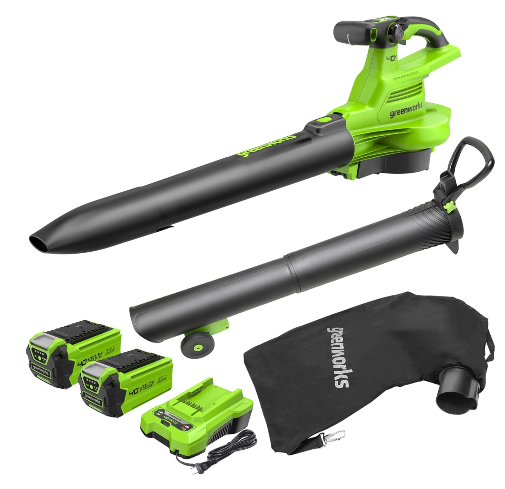 Batteridrevet løvblåser/suger Greenworks GD40BVIIK2X; 40 V; 2x2,0 Ah batt.