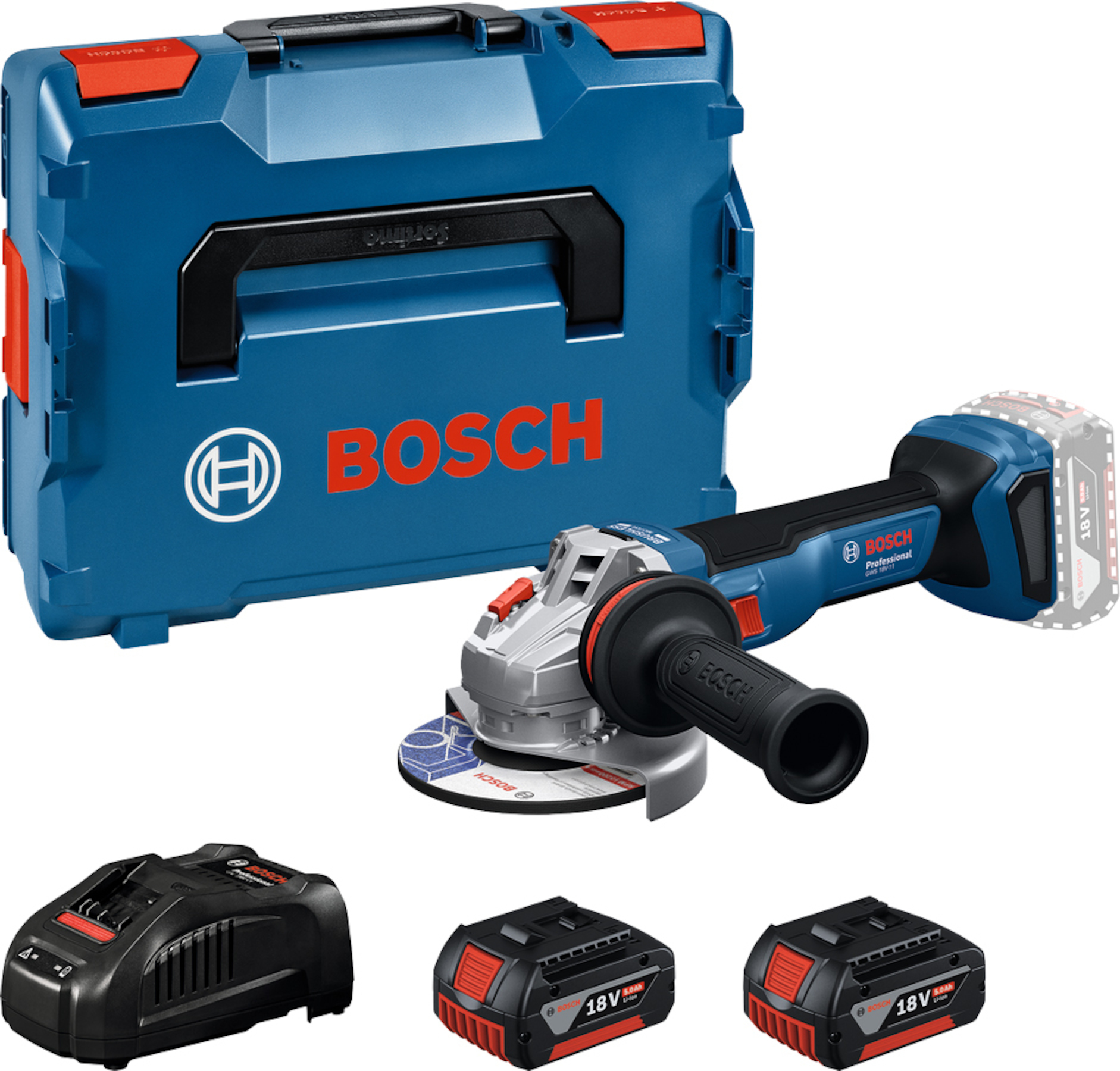 Batteridrevet vinkelsliper Bosch GWS 18V-11 Professional; 125 mm; 18 V; 2x5,0 Ah batteri. + L-Boxx 136