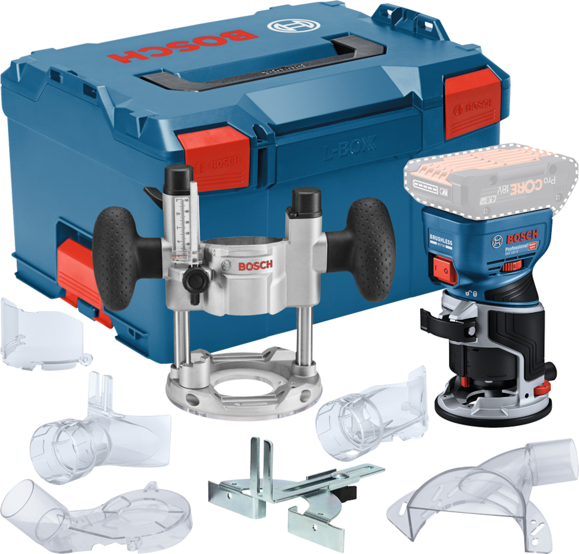 Batteridrevet kantfres Bosch GKF 18V-8 Professional; 18 V (uten batteri og lader) + L-BOXX 238