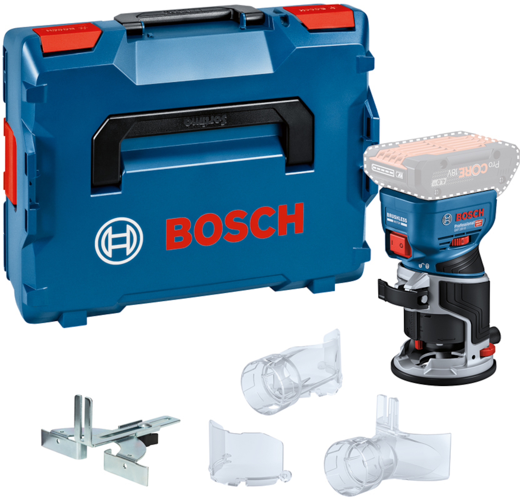 Batteridrevet kantfres Bosch GKF 18V-8 Professional; 18 V (uten batteri og lader) + L-BOXX 136