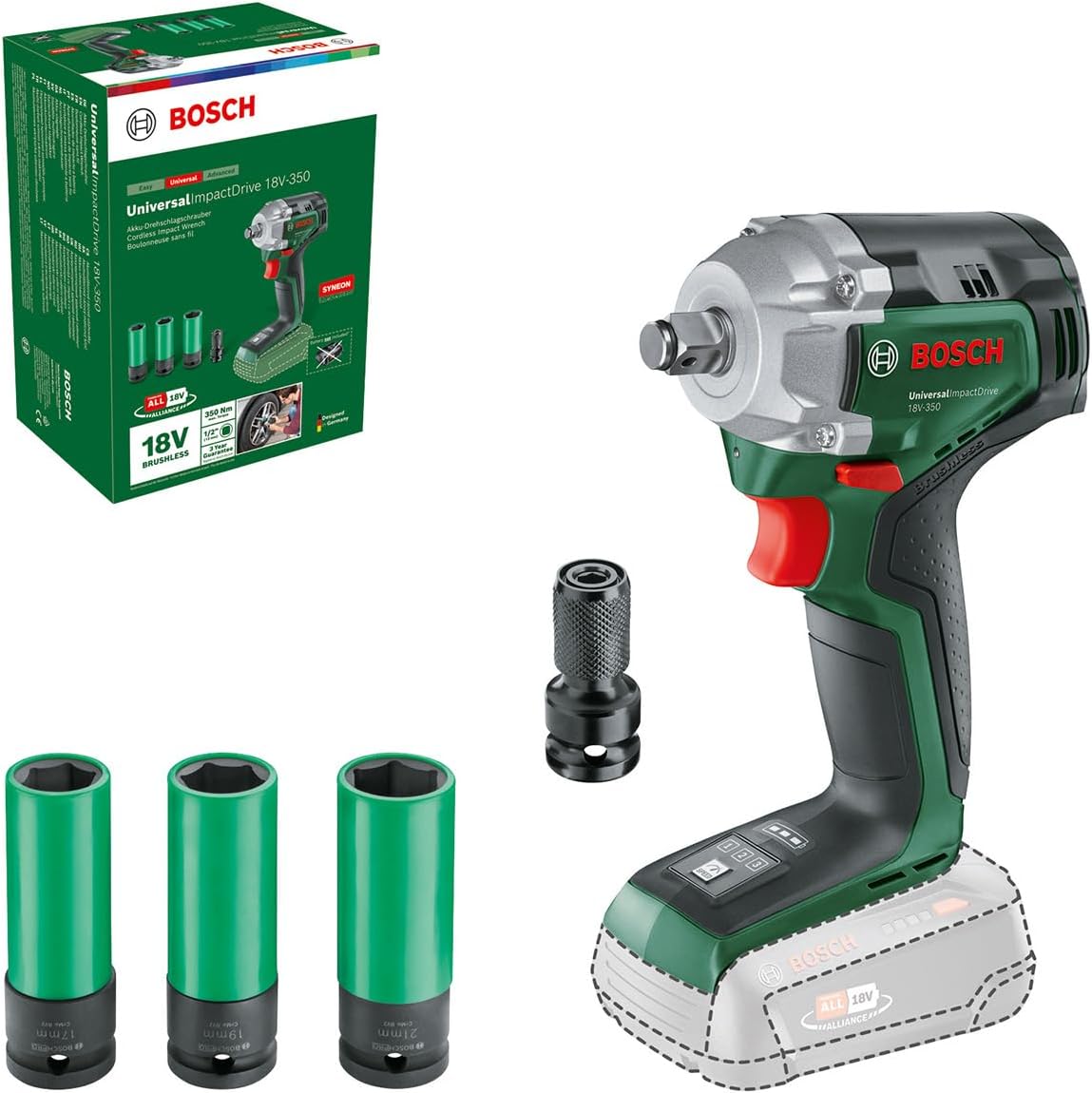 Slagmuttertrekker Bosch Universal ImpactDrive 18V-350; 18 V (uten batteri og lader); med tilbehør