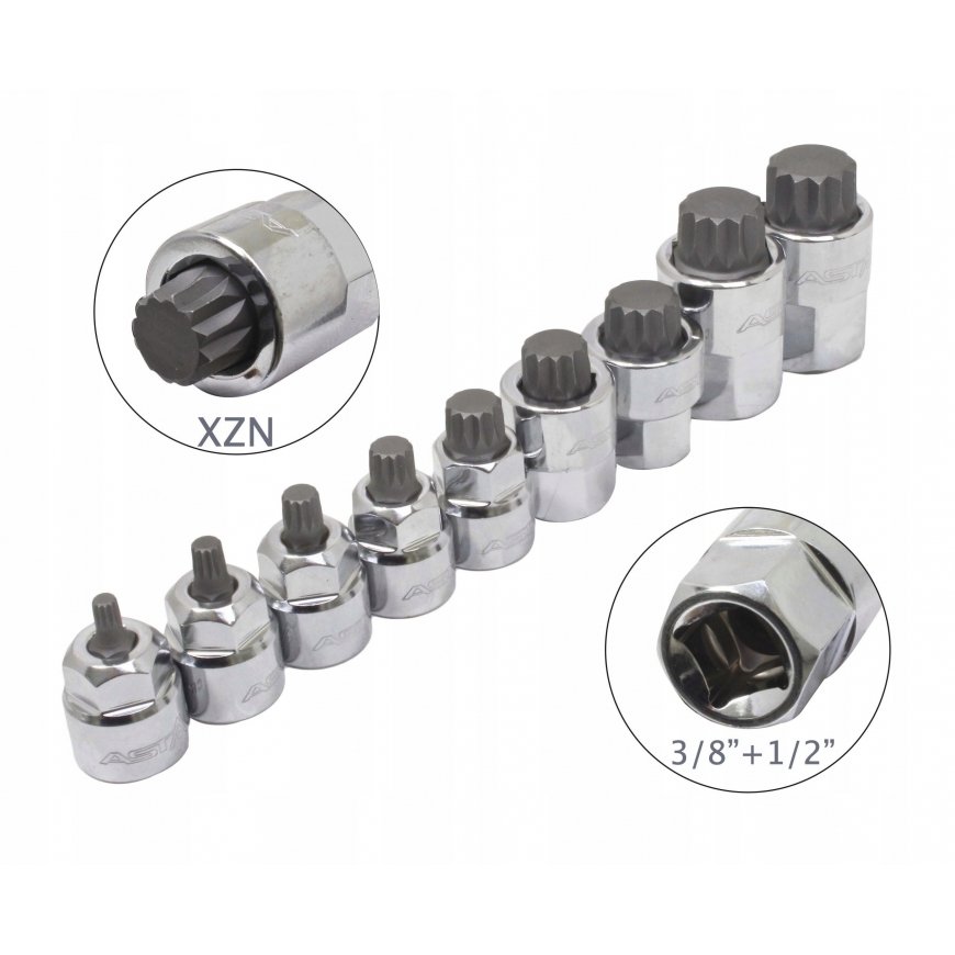 Stikkontakt og bitsett ASTA A-M9XZN; 1/2''; 3/8''; 9 stk