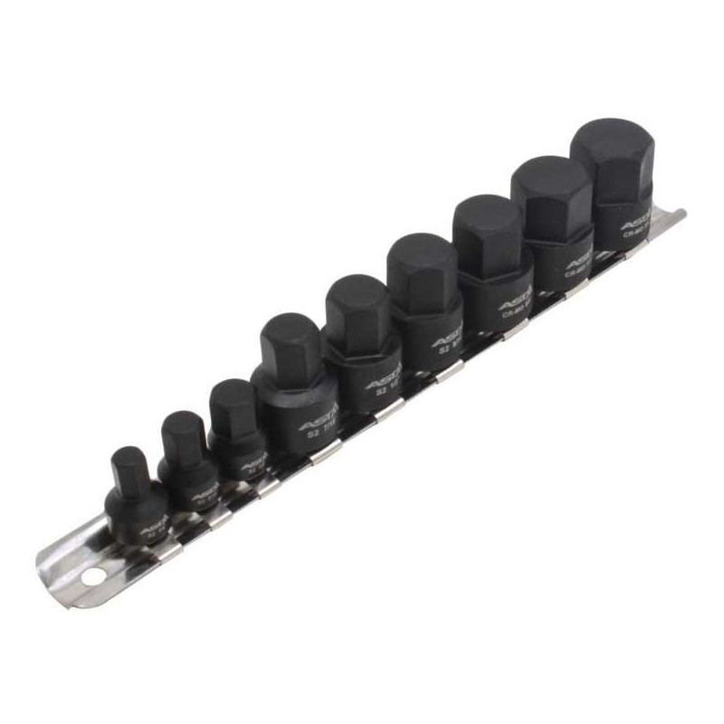Stikkontakt og bitsett ASTA A-1M9HEX; 1/4''; 3/8''; 9 stk