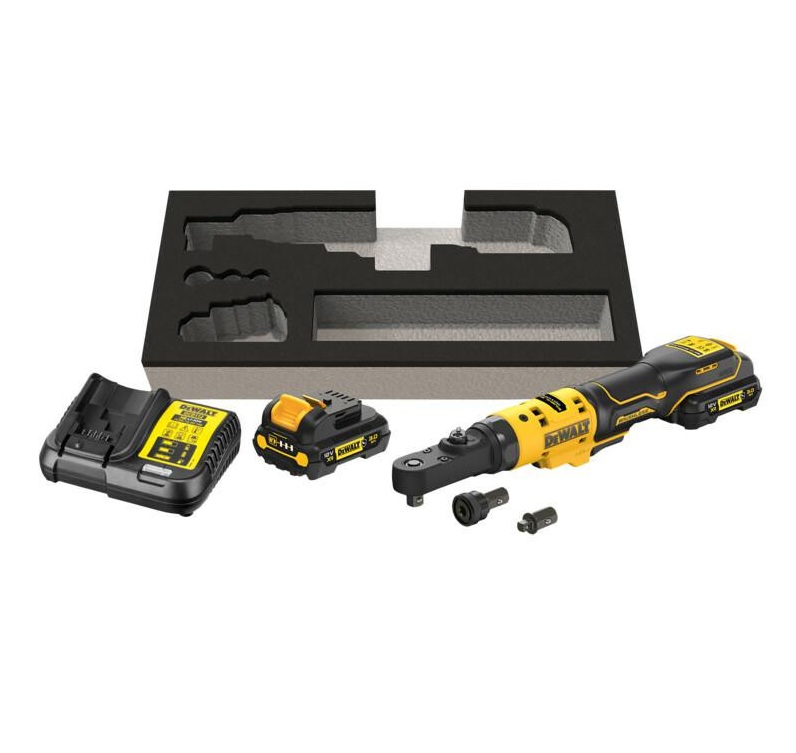 Batteridrevet vinkelskrutrekker DeWalt DCF500L2G-QW; 12 V; 1/4''-3/8''; 75 Nm; 2x3,0 Ah batt.