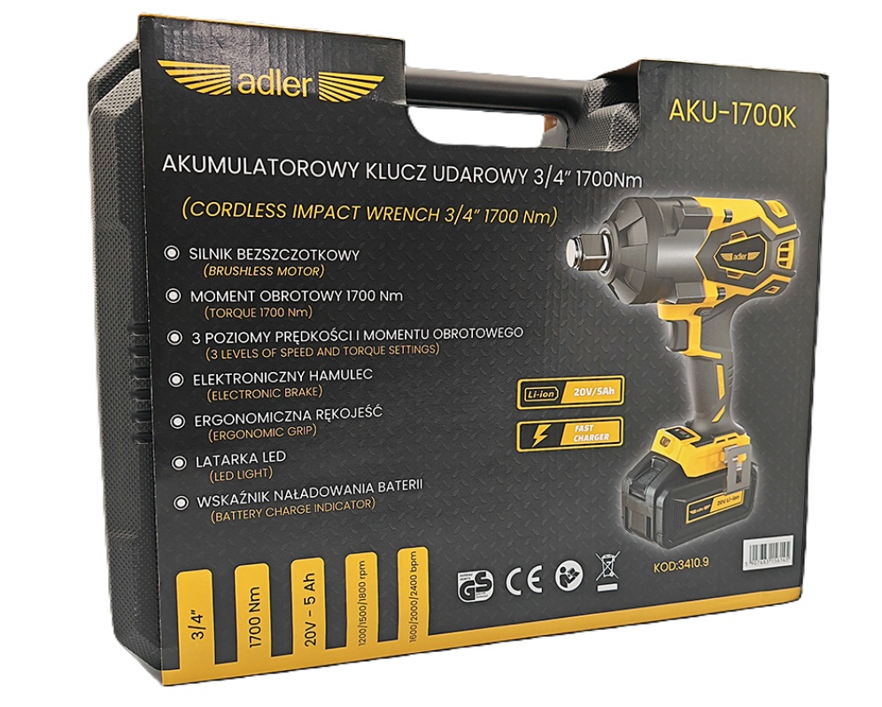 Slagmuttertrekker Adler AKU-1700K; 20 V; 3/4''; 1x5,0 Ah batt.