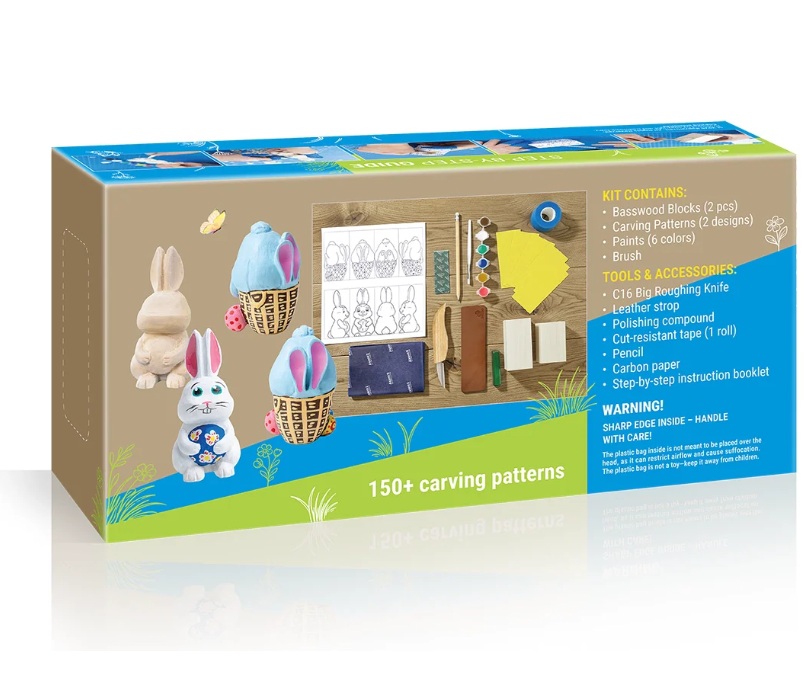 Utskjæringskit BeaverCraft DIY Hoppy Bunnies; 11 stk.; for figurutskjæring til nybegynnere