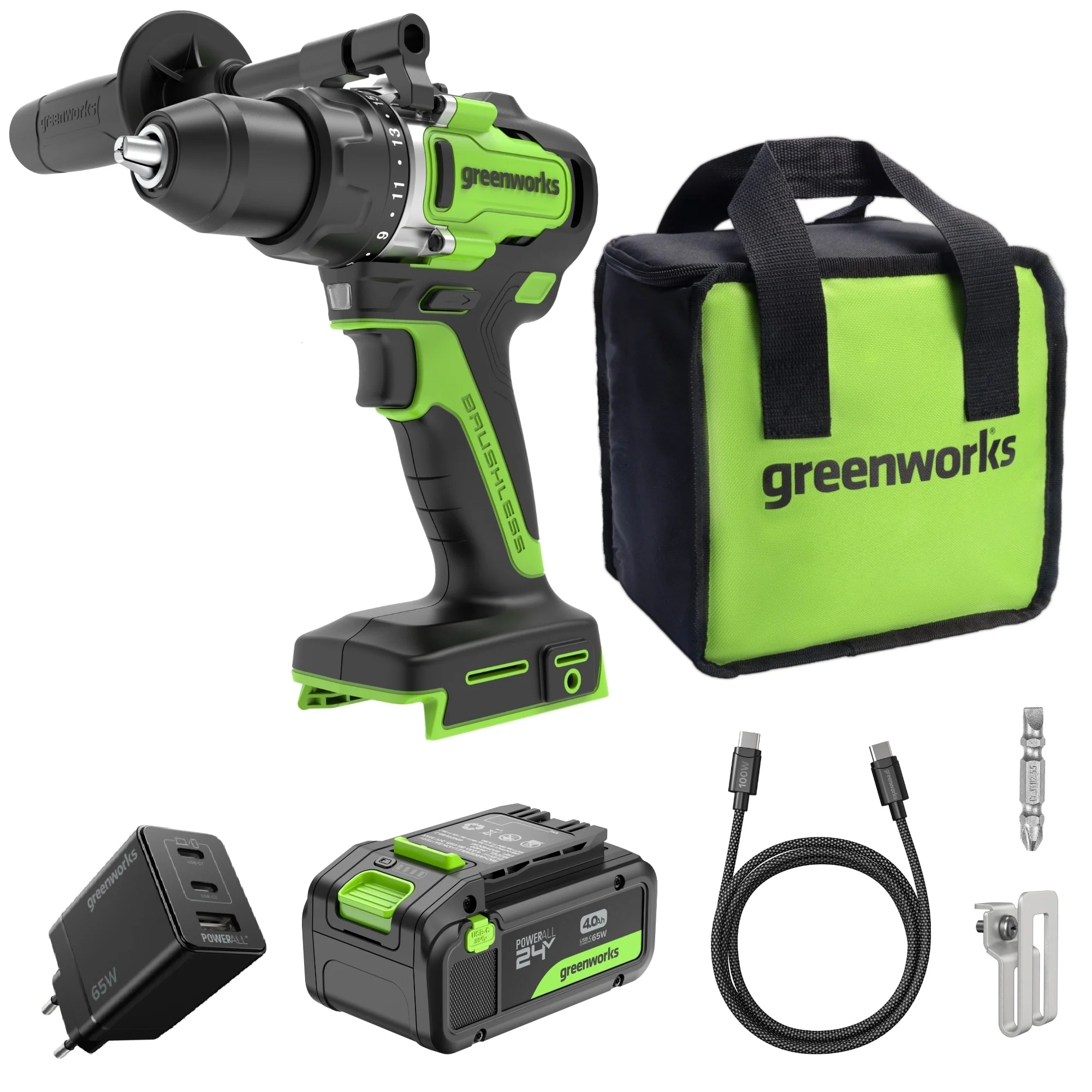 Batteridrevet borskrutrekker Greenworks DD590A1; 24 V; 90 Nm; 1x4,0 Ah batt.