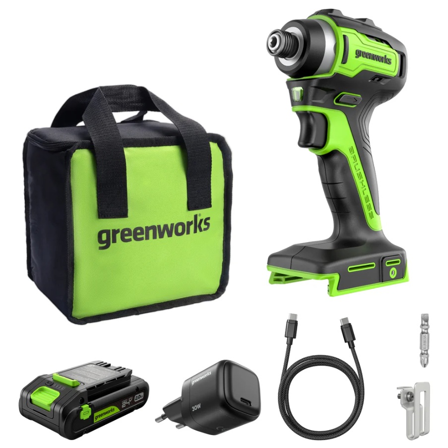 Batteridrevet slagskrutrekker Greenworks ID3220A1; 24 V; 1x2,0 Ah batt.