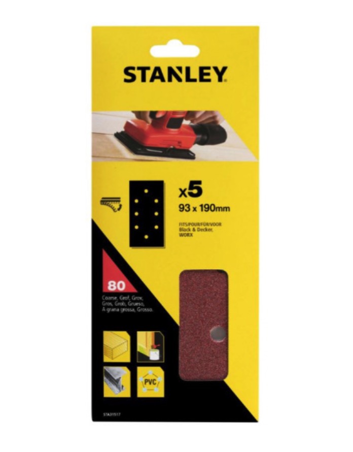 Sandpapir til planslipere Stanley STA31517-XJ; 90x190 mm; K80; 5 stk
