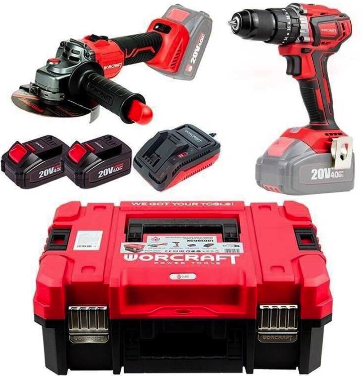 Verktøysett Worcraft XCUBE001 (CHD-S20LiBA + CAG-S20LiBS-125); 20 V; 2x4,0 Ah batt.