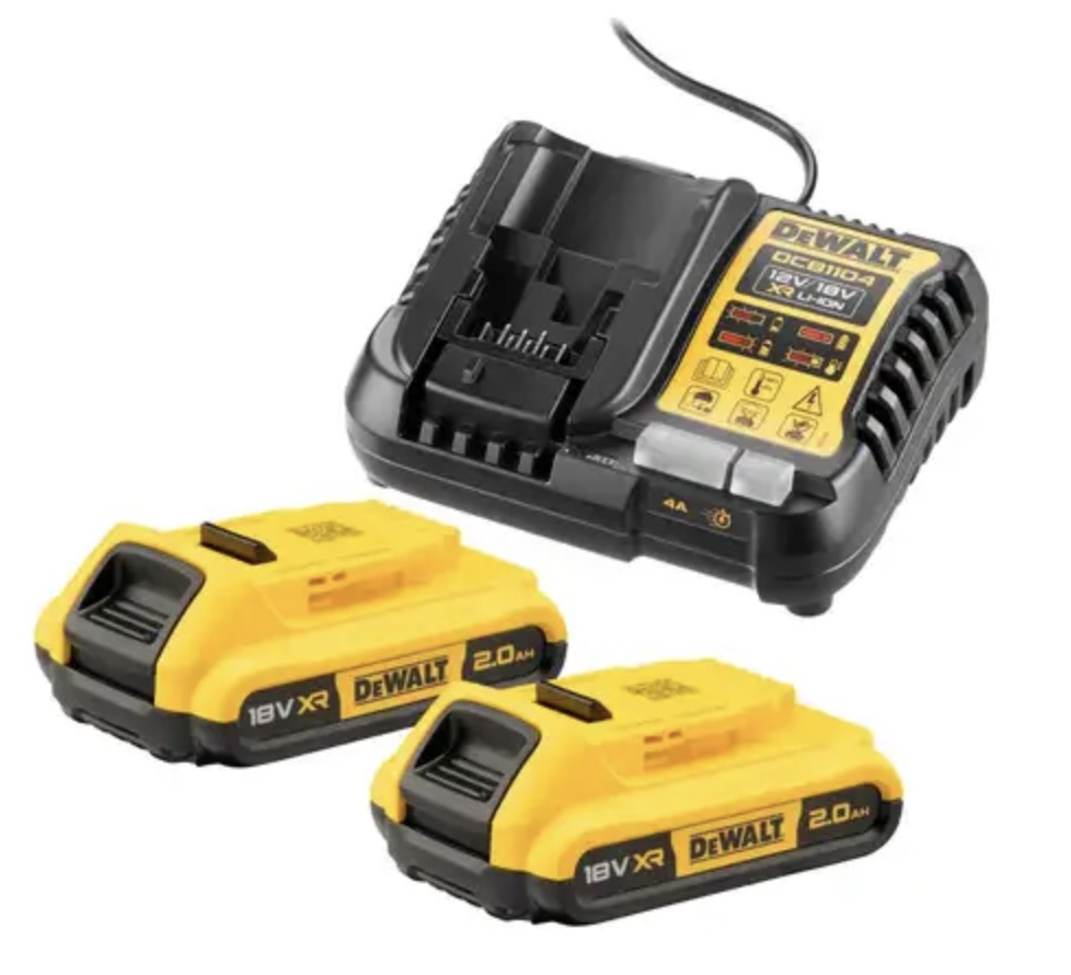 Batteri DeWalt DCB1104D2-QW; 18 V; 2,0 Ah; Li-ion; 2 stk + lader