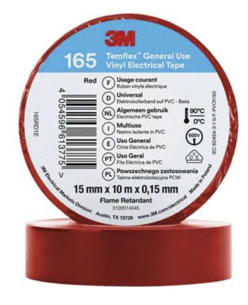 Isoleringstape 3M Temflex 165; 15 mm; 10 m; rød