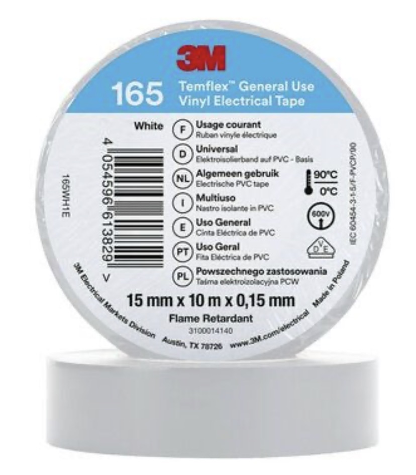 Isoleringstape 3M Temflex 165; 15 mm; 10 m; hvit