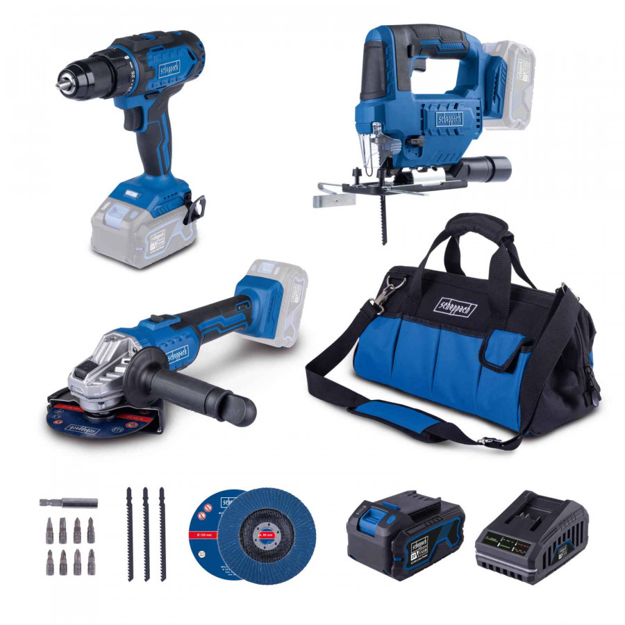 Verktøysett Scheppach C-JAD-Set L (C-JS220-X + C-AG125-X + C-DD45-X); 20 V; 1x4,0 Ah batt.