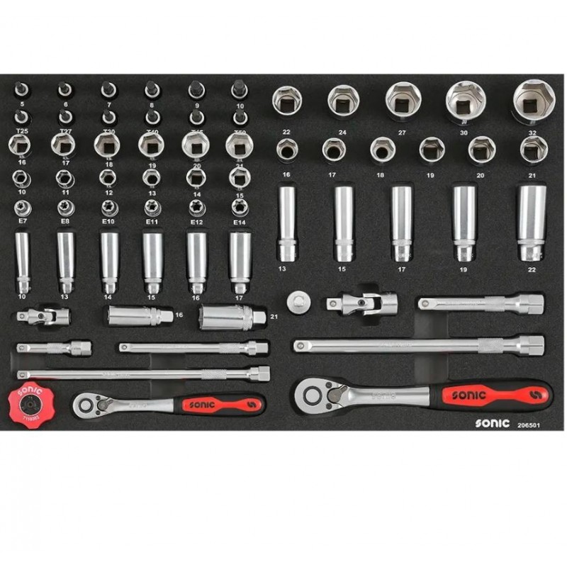 Verktøysett Sonic Equipment 206501; 3/8''; 1/2''; 65 stk