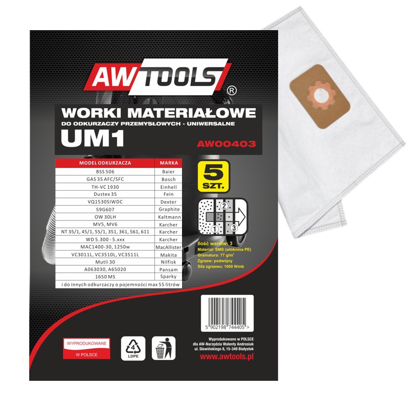 Støvposer  AWTools AW00403; UM1; 5 stk