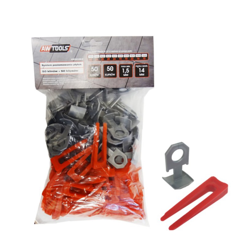 Nivelleringssett AWTools AW30363; 1,5 mm; 7-15 mm; 50+50 stk