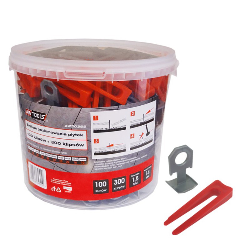 Nivelleringssett AWTools AW30365; 1,5 mm; 7-15 mm; 300+100 stk