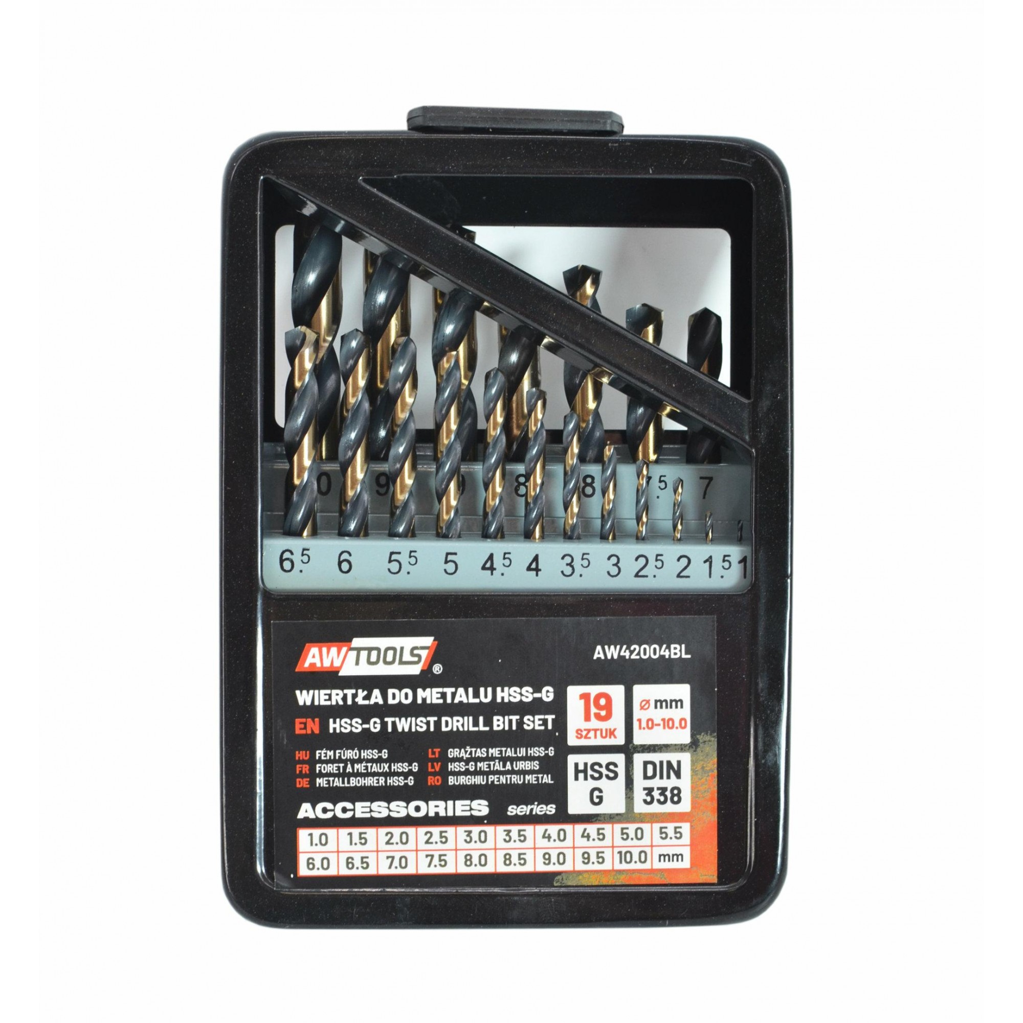 Bor sett for metall AWTools AW42004BL; HSS; M2; 1-10 mm; 19 stk