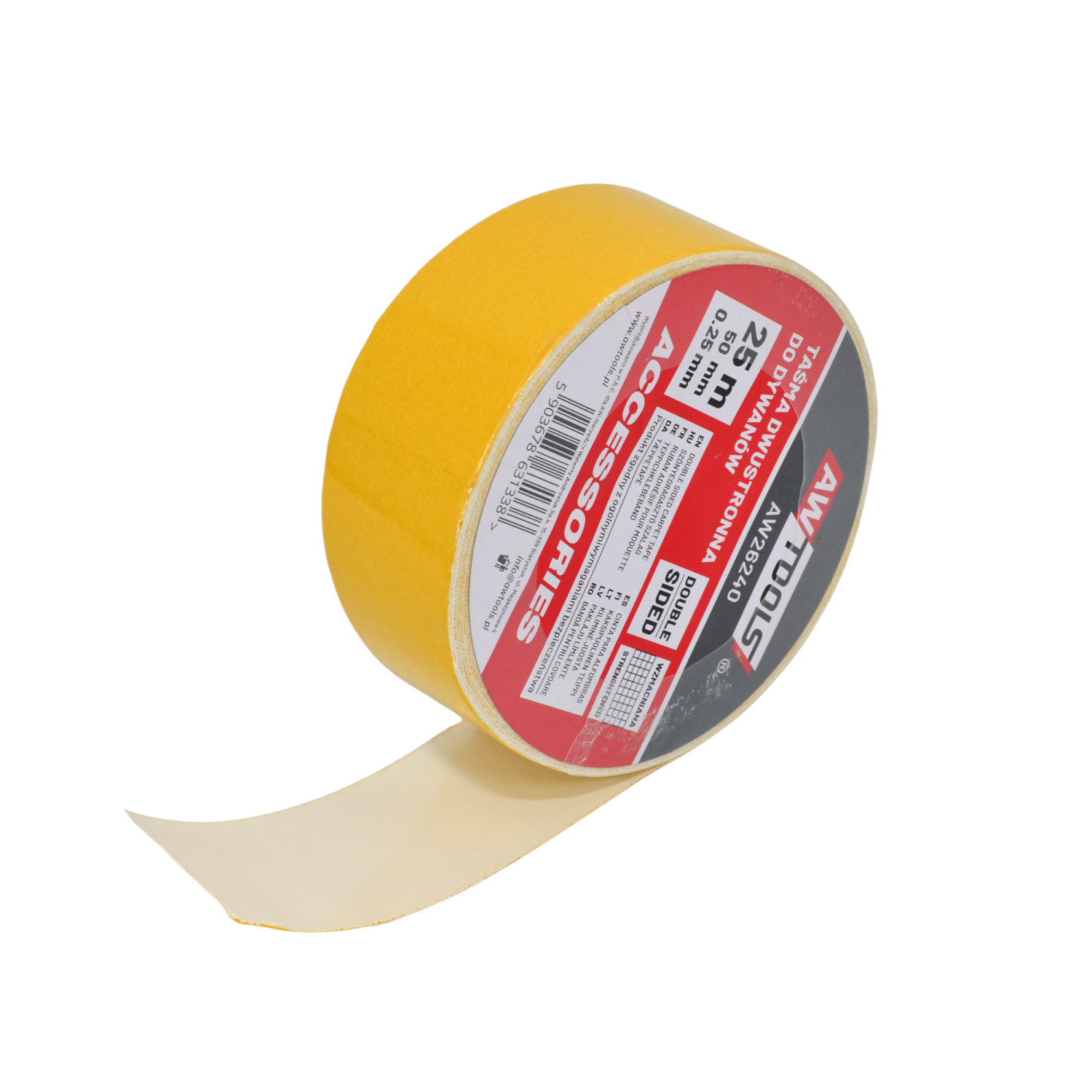 Tosidig tape AWTools AW26240; 50 mm; 25 m; gul