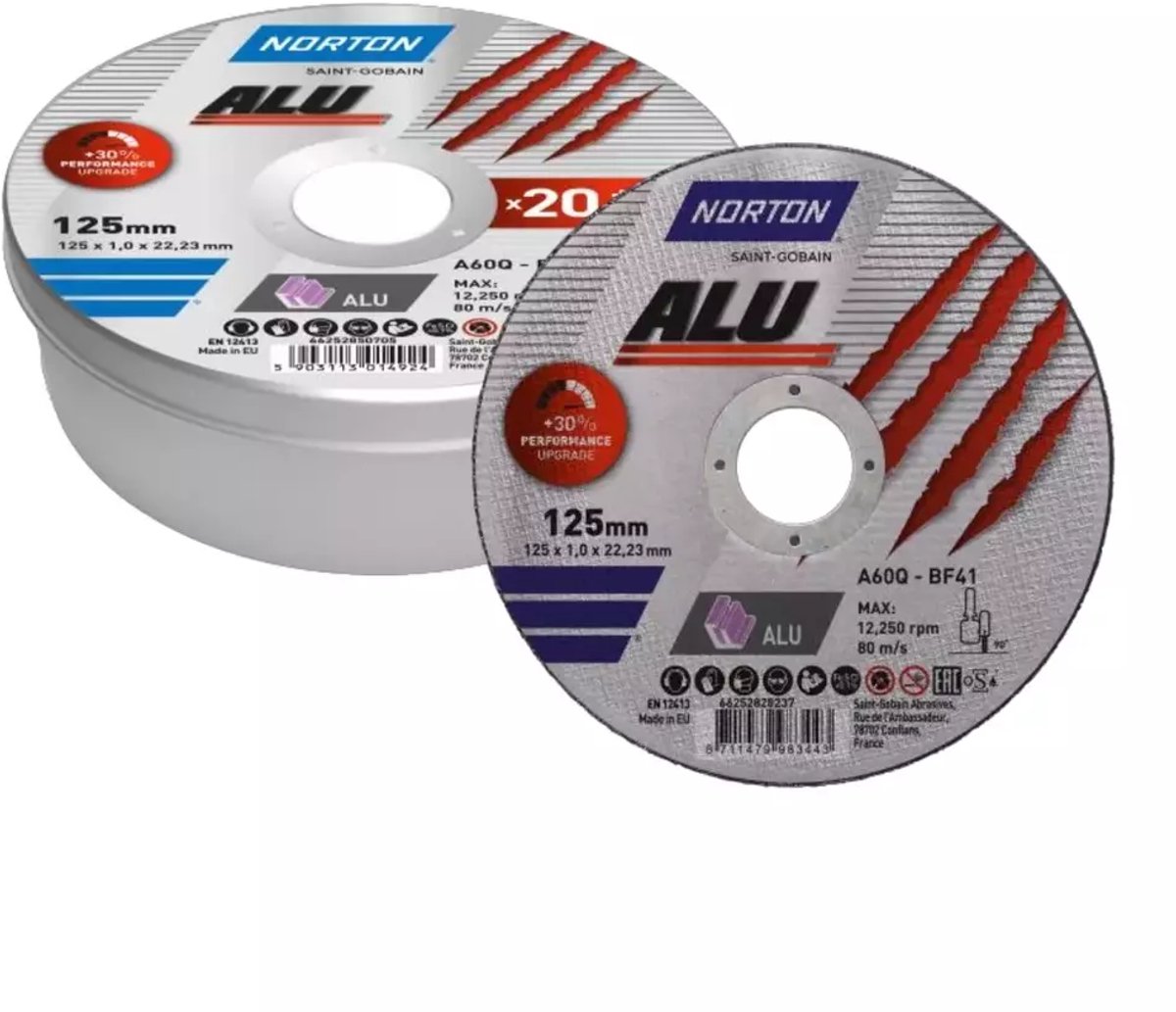 Abrasiv kappeskive Norton ALU T41; 125x1x22,23 mm; 20 stk. + 2 skiver