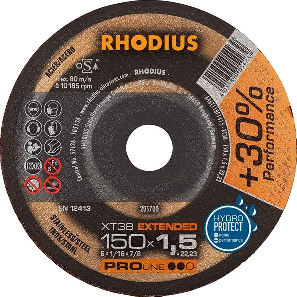 Abrasiv kappeskive Rhodius XT38; 150x1,5 mm; 22,23 mm